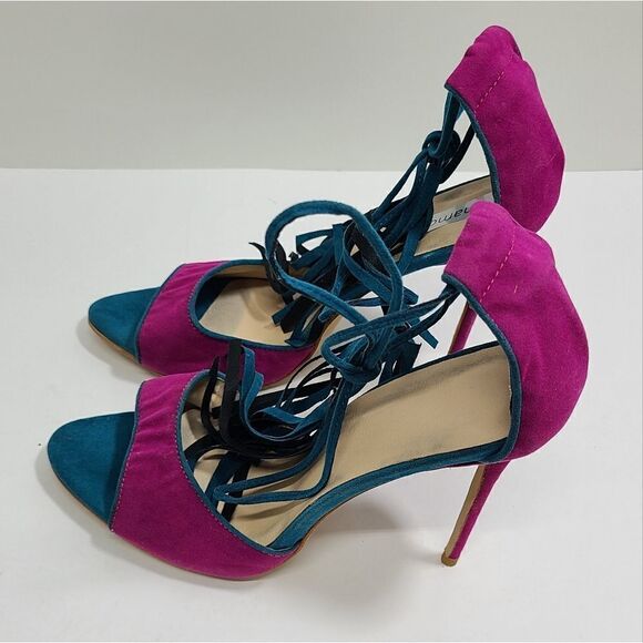 Chic Fuchsia Suede Fringe Sandals Concise Ultra High Heels Lace-up Tassel Shoes - Picture 4 of 9